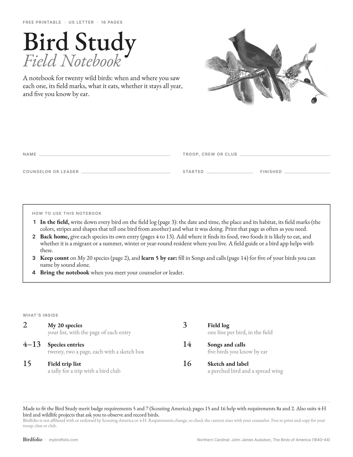 Page one of the Bird Study field notebook: the title, a small black-and-white painting of a Northern Cardinal, lines for your name, troop and counselor, how to use the notebook, and what's inside.