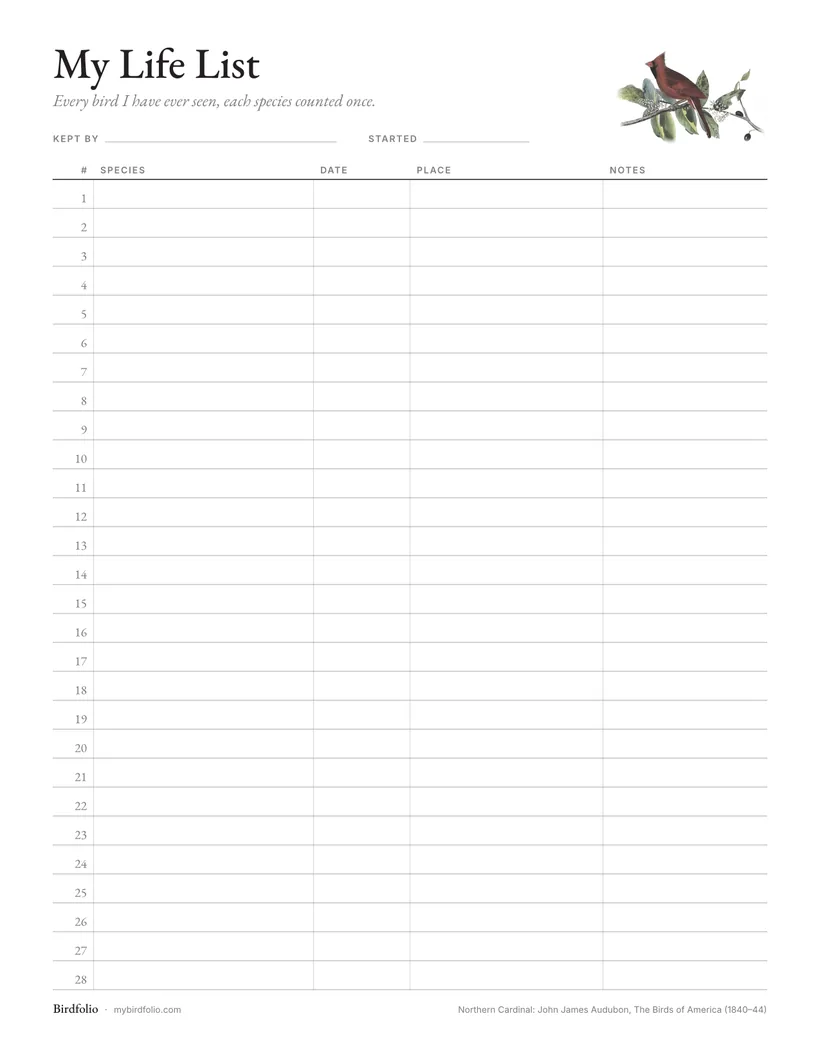 Page one of the printable life list: the title My Life List, lines for your name and the day you started, a small painting of a Northern Cardinal, and 28 numbered rows for the species, date, place and notes.