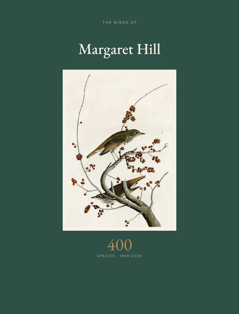 The front cover of a Birdfolio: a dark green hardcover titled The Birds of Margaret Hill, with Audubon's painting of two Hermit Thrushes on a berry branch and the number 400 species below it.